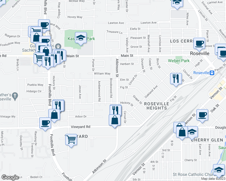 map of restaurants, bars, coffee shops, grocery stores, and more near 313 Brookwood Road in Roseville