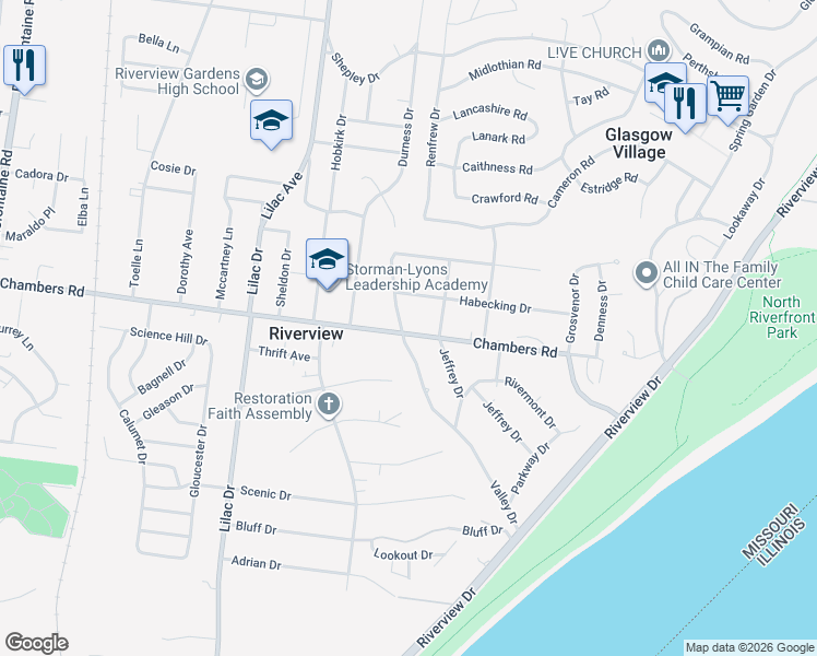 map of restaurants, bars, coffee shops, grocery stores, and more near in Riverview