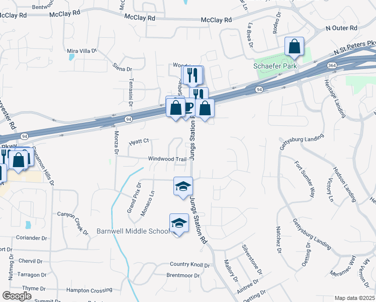 map of restaurants, bars, coffee shops, grocery stores, and more near 1287 Dell Ridge Court in St. Peters