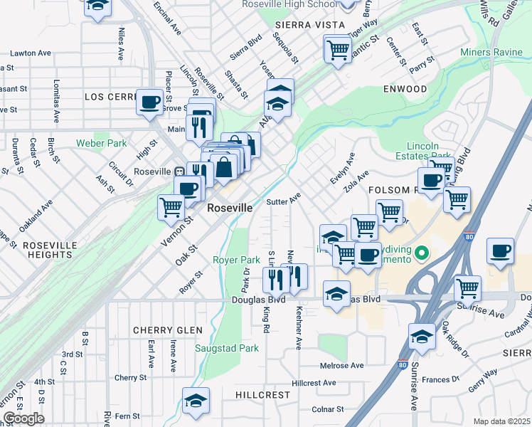 map of restaurants, bars, coffee shops, grocery stores, and more near 116 South Lincoln Street in Roseville