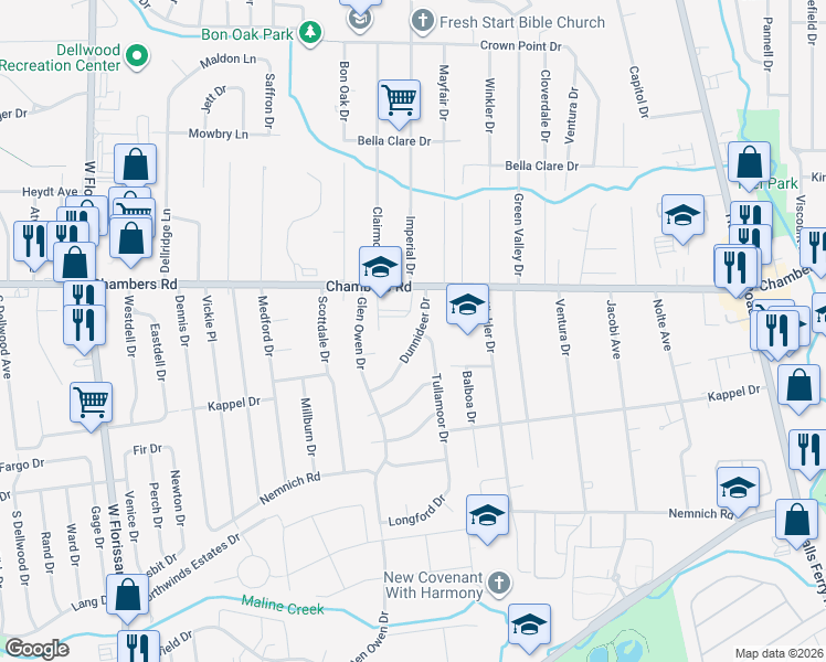map of restaurants, bars, coffee shops, grocery stores, and more near 1855 Dunnideer Drive in St. Louis