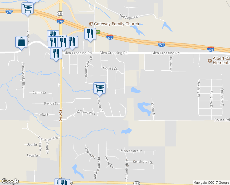 map of restaurants, bars, coffee shops, grocery stores, and more near 31 Lands End Court in Glen Carbon