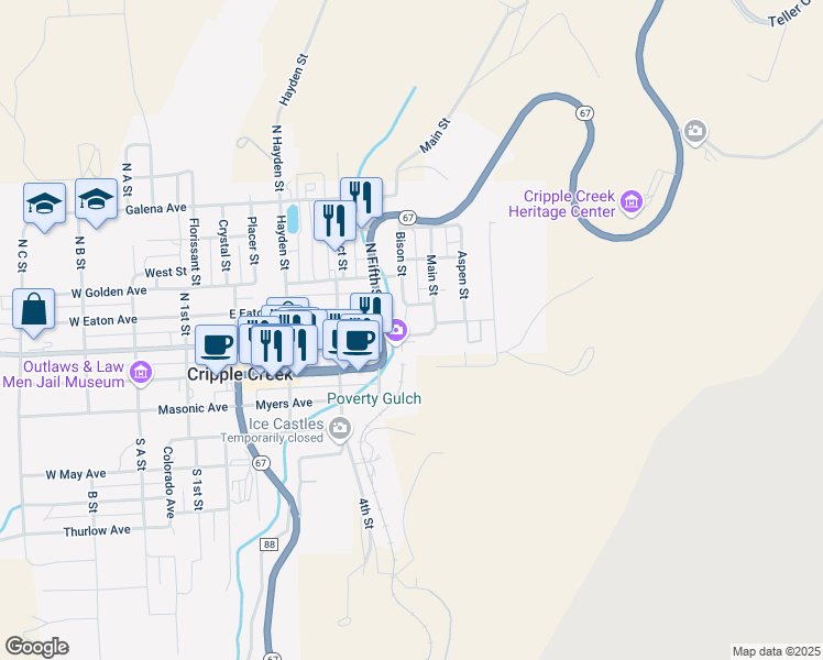 map of restaurants, bars, coffee shops, grocery stores, and more near 531 East Carr Avenue in Cripple Creek