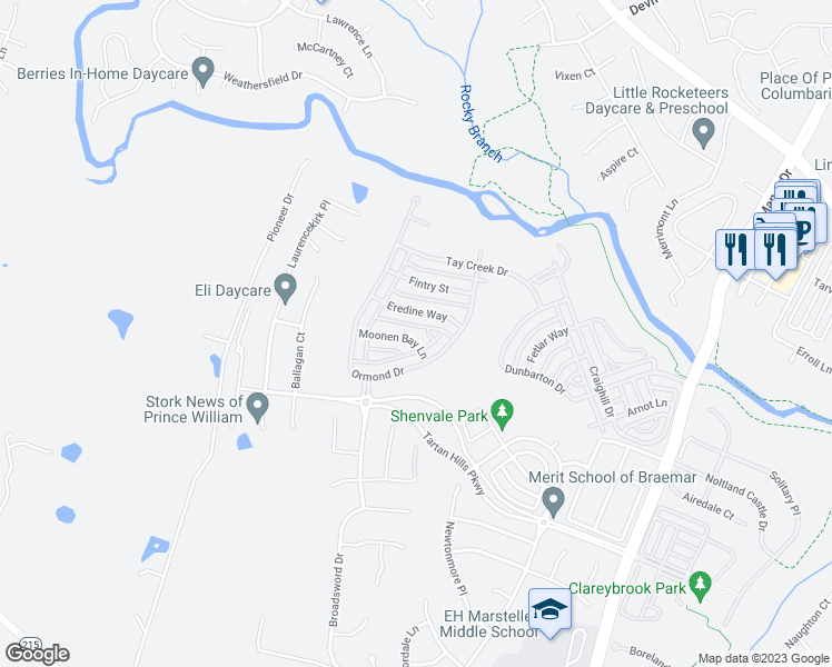 map of restaurants, bars, coffee shops, grocery stores, and more near 9535 Moonen Bay Lane in Bristow