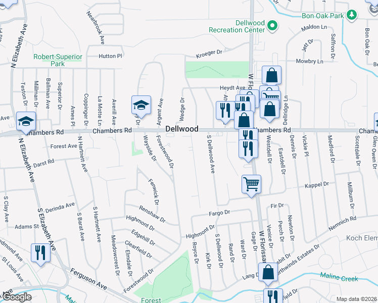 map of restaurants, bars, coffee shops, grocery stores, and more near 17 South Schlueter Avenue in St. Louis