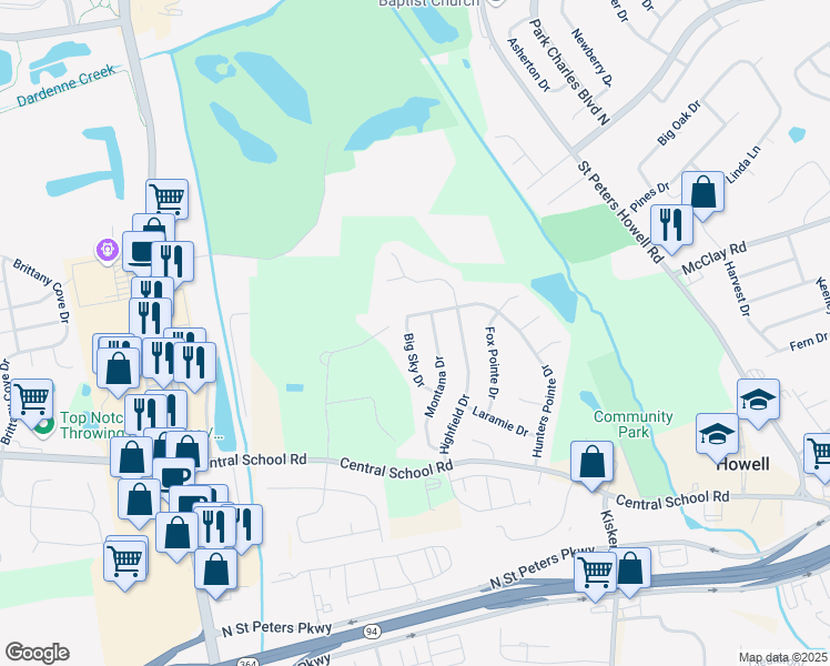 map of restaurants, bars, coffee shops, grocery stores, and more near 253 Big Sky Drive in Saint Charles