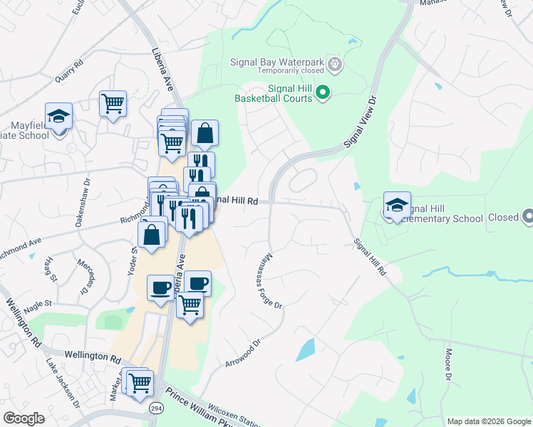 map of restaurants, bars, coffee shops, grocery stores, and more near 9560 Linden Wood Road in Manassas