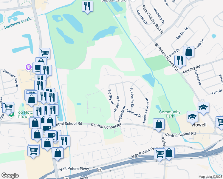 map of restaurants, bars, coffee shops, grocery stores, and more near 253 Big Sky Drive in Saint Charles