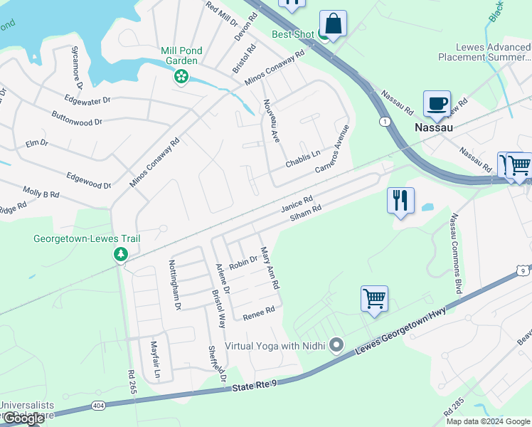 map of restaurants, bars, coffee shops, grocery stores, and more near 31633 Janice Road in Lewes