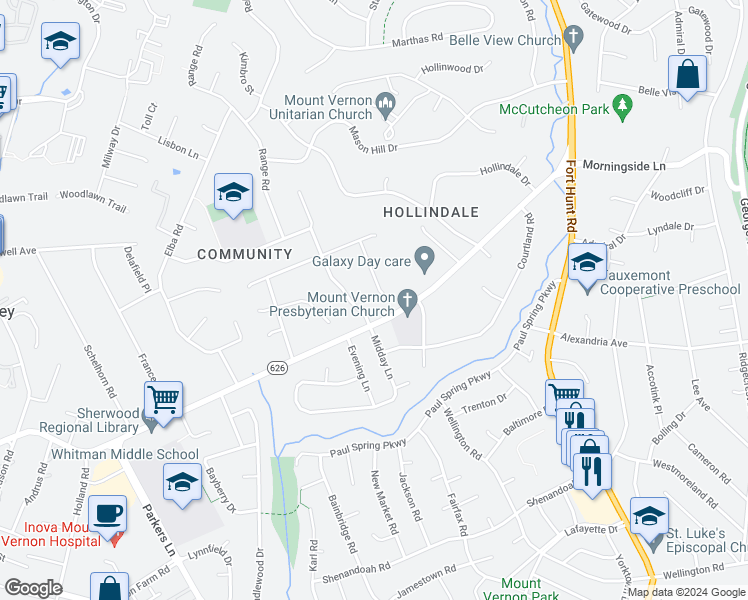 map of restaurants, bars, coffee shops, grocery stores, and more near 7712 Lookout Court in Alexandria