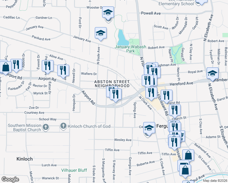 map of restaurants, bars, coffee shops, grocery stores, and more near 612 Abston Street in Ferguson