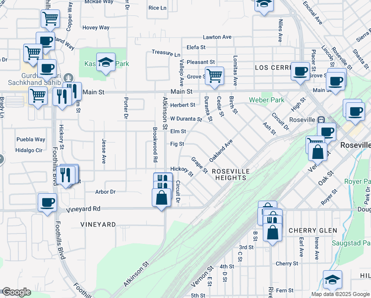 map of restaurants, bars, coffee shops, grocery stores, and more near 249 Fig Street in Roseville
