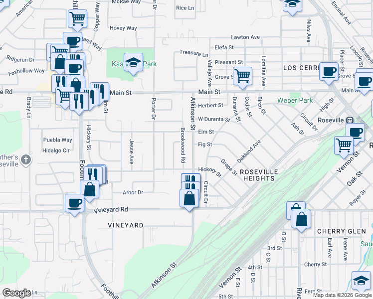 map of restaurants, bars, coffee shops, grocery stores, and more near 313 Brookwood Road in Roseville