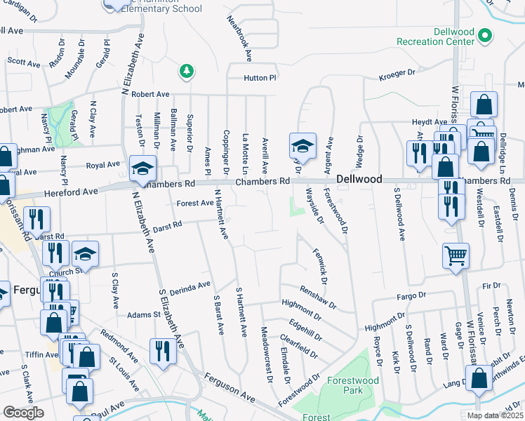 map of restaurants, bars, coffee shops, grocery stores, and more near 44 Joyce Ellen Lane in Ferguson