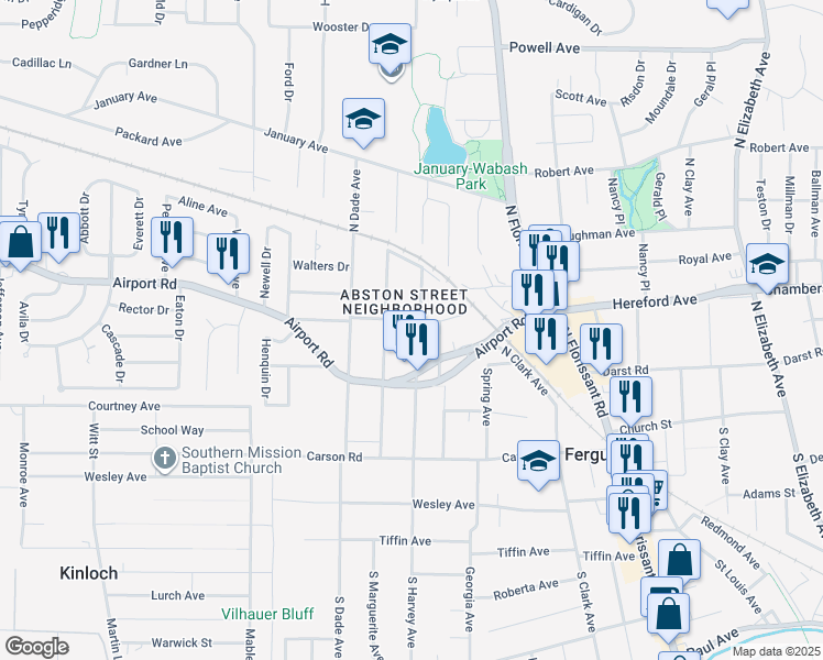 map of restaurants, bars, coffee shops, grocery stores, and more near 612 Abston Street in Ferguson