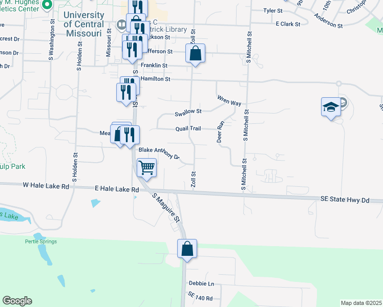 map of restaurants, bars, coffee shops, grocery stores, and more near 411 Blake Anthony Drive in Warrensburg