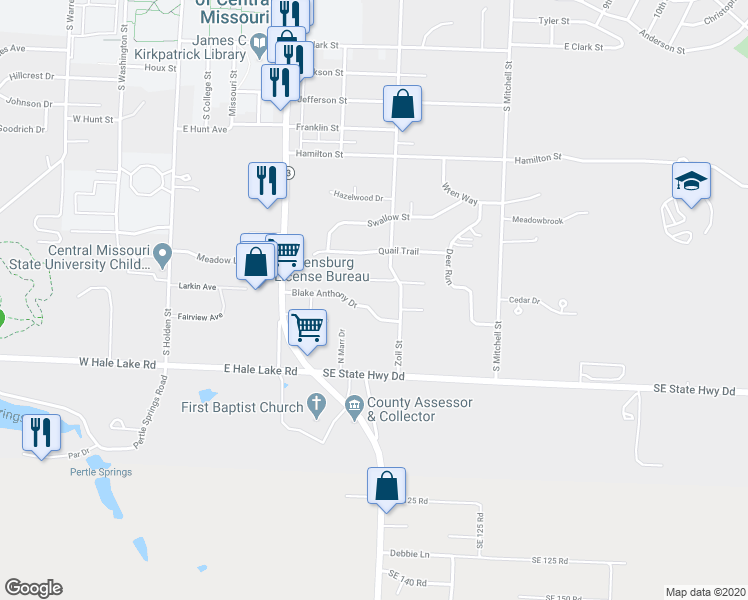 map of restaurants, bars, coffee shops, grocery stores, and more near 411 Blake Anthony Drive in Warrensburg