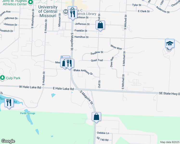 map of restaurants, bars, coffee shops, grocery stores, and more near 403 Blake Anthony Drive in Warrensburg