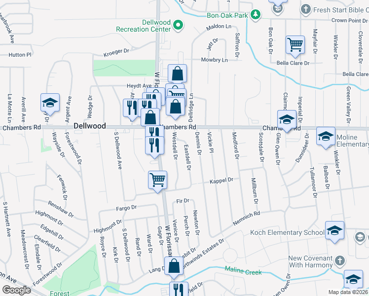 map of restaurants, bars, coffee shops, grocery stores, and more near 9859 Eastdell Drive in St. Louis