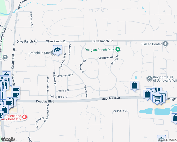 map of restaurants, bars, coffee shops, grocery stores, and more near 8330 Coventry Court in Roseville