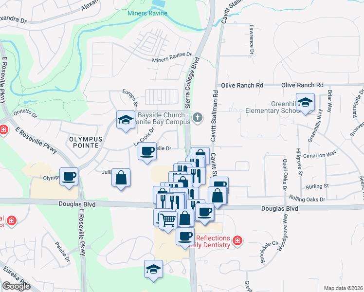 map of restaurants, bars, coffee shops, grocery stores, and more near 2500 Du Bois Drive in Roseville