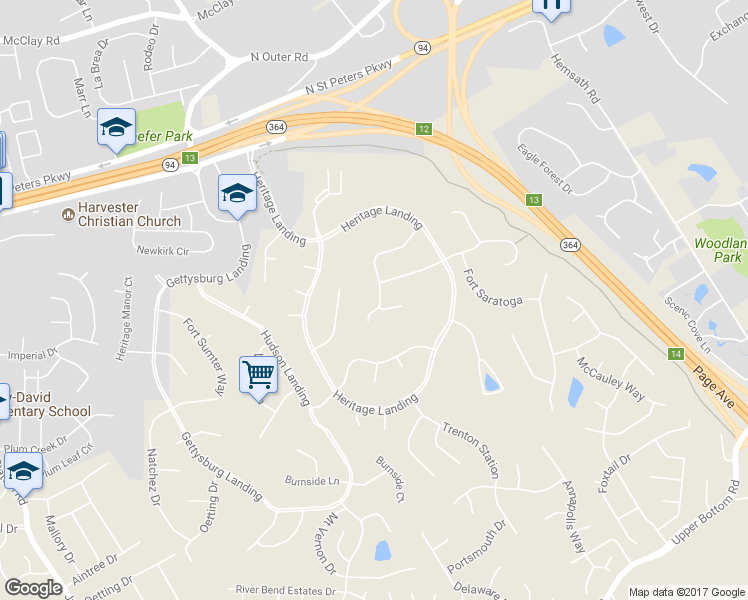 map of restaurants, bars, coffee shops, grocery stores, and more near 1363 Hampton Road in Saint Charles