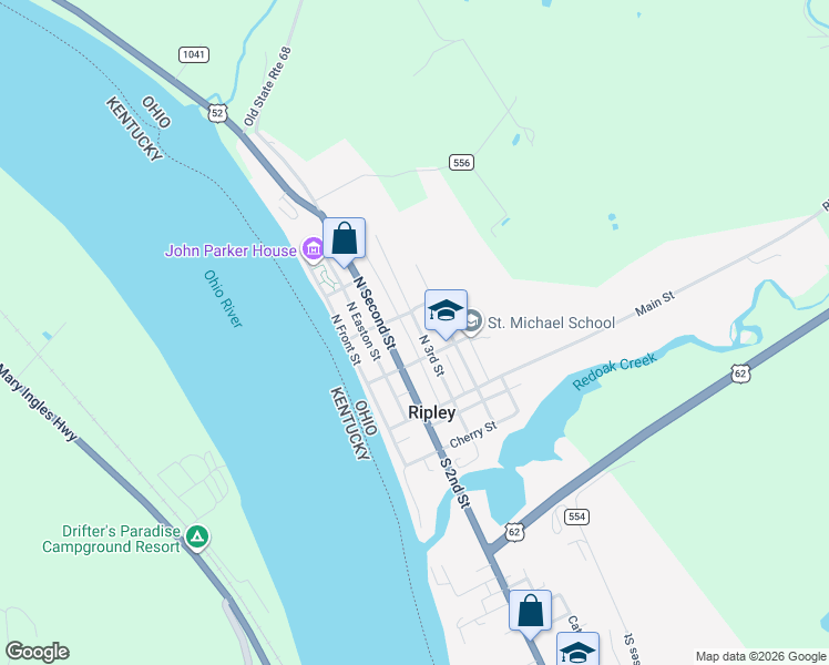 map of restaurants, bars, coffee shops, grocery stores, and more near 119 North 3rd Street in Ripley