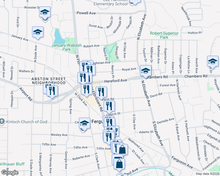 map of restaurants, bars, coffee shops, grocery stores, and more near 133 Adelle Avenue in Ferguson