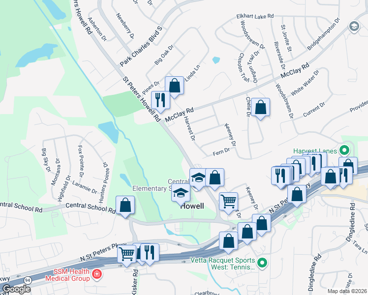 map of restaurants, bars, coffee shops, grocery stores, and more near 522 Saint Peters Howell Road in Saint Charles