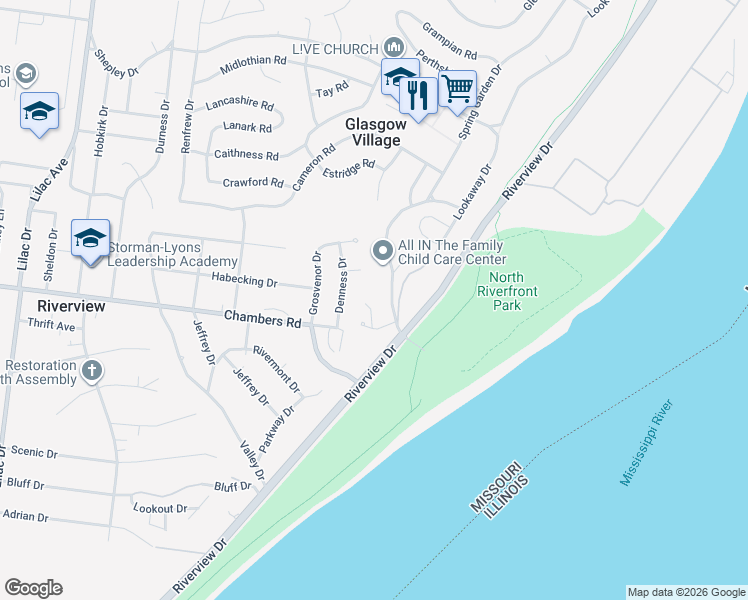 map of restaurants, bars, coffee shops, grocery stores, and more near 720 Lookaway Drive in St. Louis