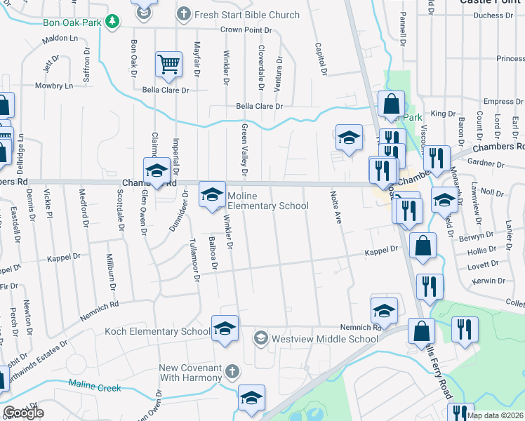 map of restaurants, bars, coffee shops, grocery stores, and more near 9850 Green Valley Drive in St. Louis