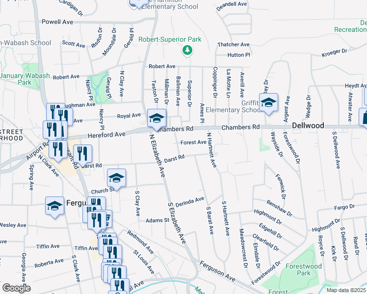 map of restaurants, bars, coffee shops, grocery stores, and more near 604 Forest Avenue in Ferguson