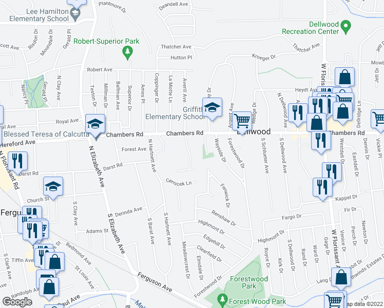 map of restaurants, bars, coffee shops, grocery stores, and more near 44 Joyce Ellen Lane in Ferguson