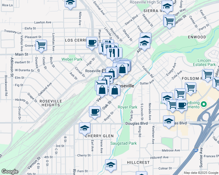 map of restaurants, bars, coffee shops, grocery stores, and more near 400 Vernon Street in Roseville