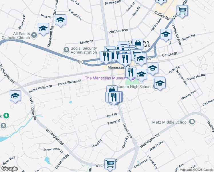 map of restaurants, bars, coffee shops, grocery stores, and more near 9204 Douglas Street in Manassas
