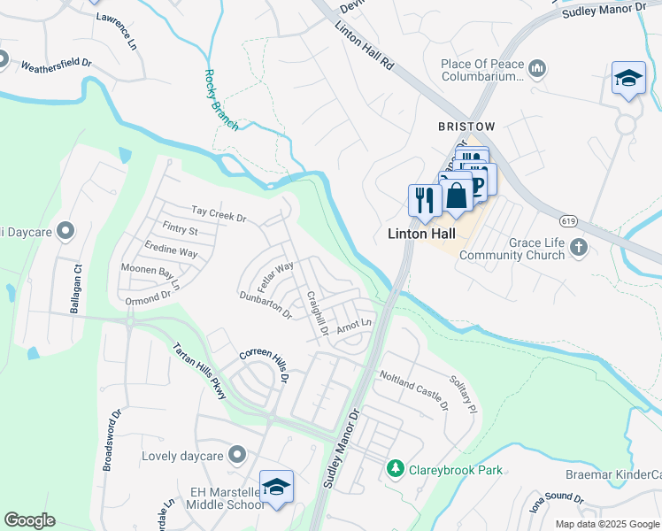 map of restaurants, bars, coffee shops, grocery stores, and more near 12054 Rutherglen Place in Bristow