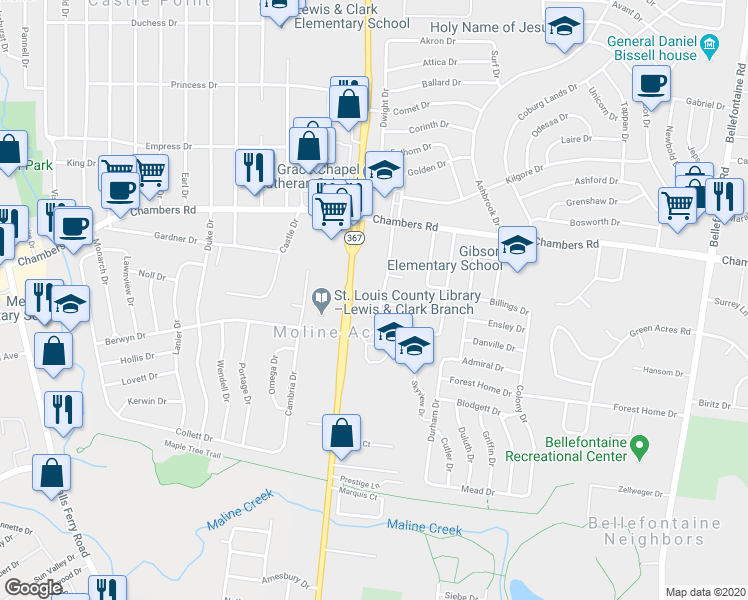 map of restaurants, bars, coffee shops, grocery stores, and more near 9919 Norbridge Lane in St. Louis