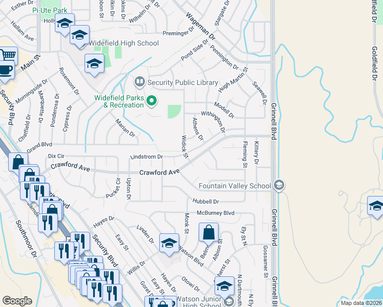 map of restaurants, bars, coffee shops, grocery stores, and more near 915 Lindstrom Drive in Colorado Springs