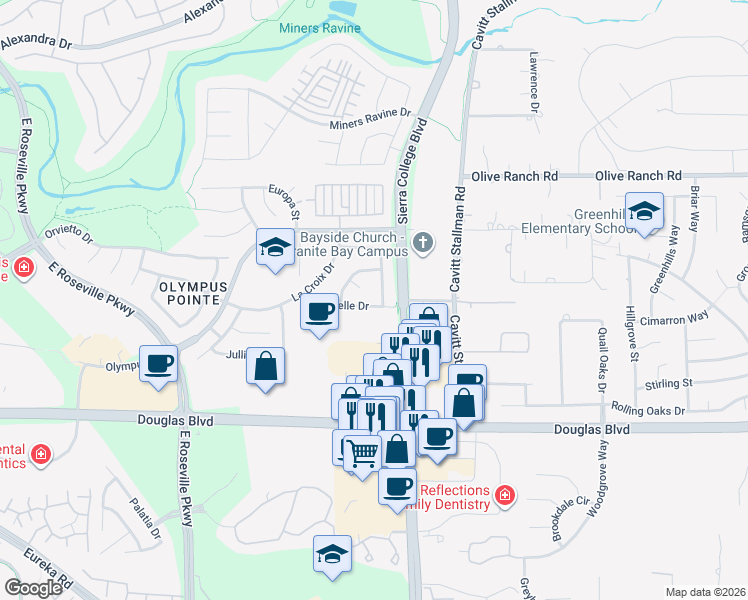 map of restaurants, bars, coffee shops, grocery stores, and more near 2500 Du Bois Drive in Roseville