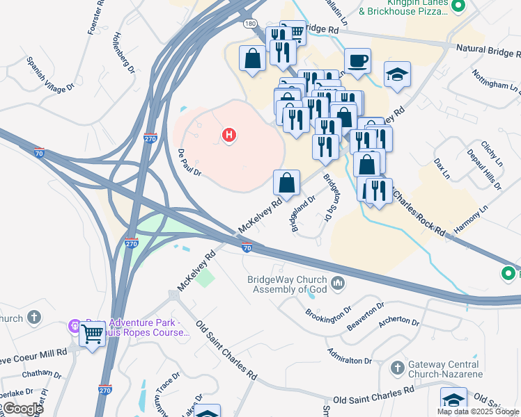 map of restaurants, bars, coffee shops, grocery stores, and more near 3393 McKelvey Road in Bridgeton