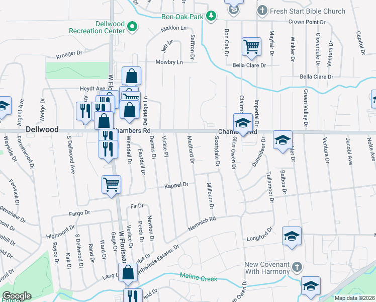 map of restaurants, bars, coffee shops, grocery stores, and more near 9855 Medford Drive in St. Louis