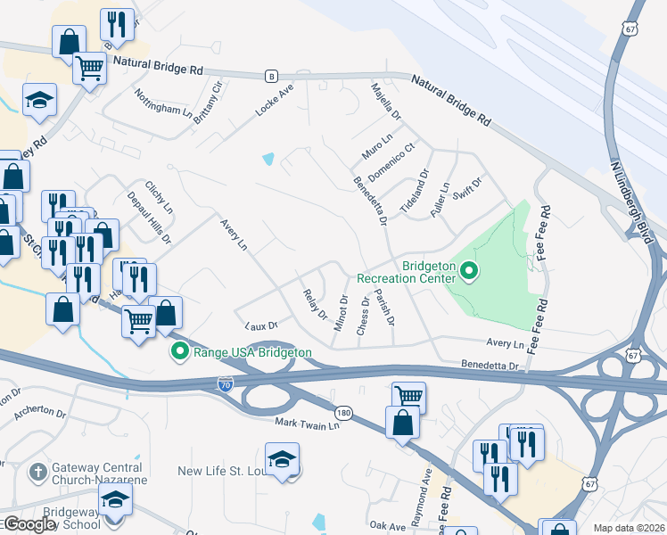 map of restaurants, bars, coffee shops, grocery stores, and more near 4040 Lockport Dr in Bridgeton
