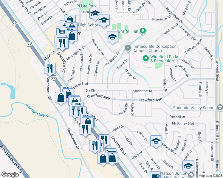 map of restaurants, bars, coffee shops, grocery stores, and more near 430 Dix Circle in Colorado Springs