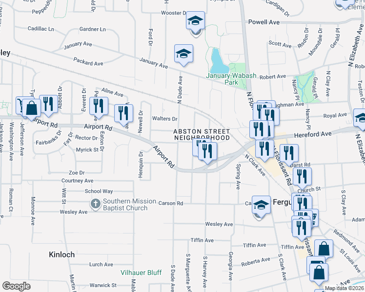 map of restaurants, bars, coffee shops, grocery stores, and more near 142 North Dade Avenue in Ferguson