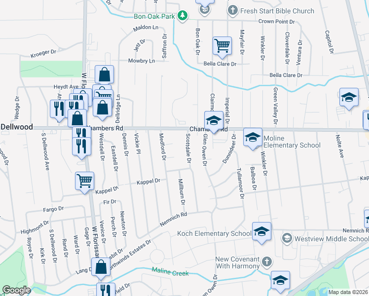 map of restaurants, bars, coffee shops, grocery stores, and more near 9843 Scottdale Drive in St. Louis