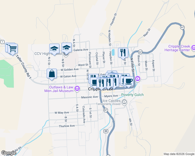 map of restaurants, bars, coffee shops, grocery stores, and more near 211 2nd Street in Cripple Creek