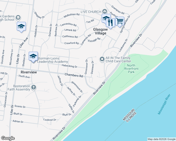 map of restaurants, bars, coffee shops, grocery stores, and more near 10020 Grosvenor Drive in Saint Louis