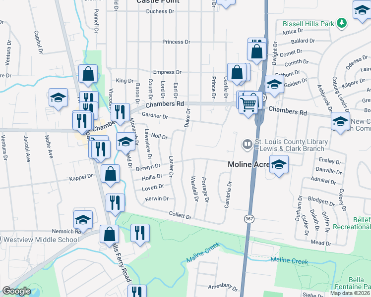 map of restaurants, bars, coffee shops, grocery stores, and more near 9916 Duke Drive in St. Louis