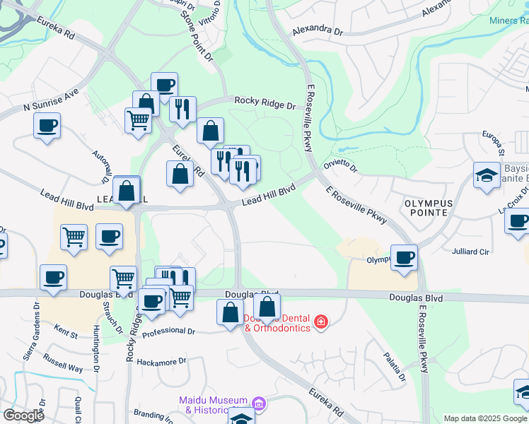 map of restaurants, bars, coffee shops, grocery stores, and more near 1650 Lead Hill Boulevard in Roseville