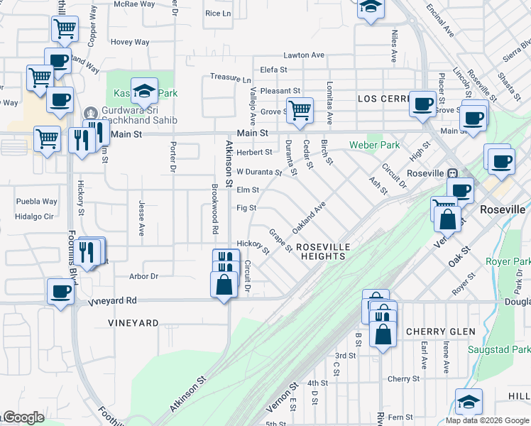 map of restaurants, bars, coffee shops, grocery stores, and more near 249 Fig St in Roseville
